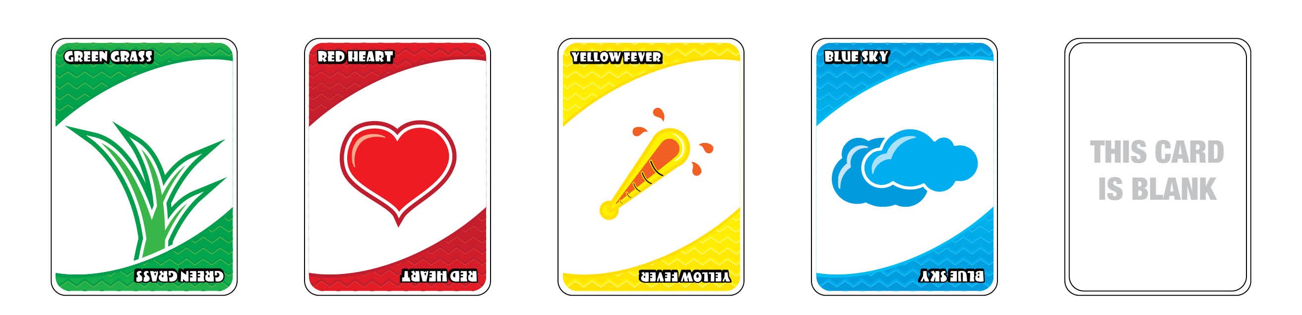 Spazz cards: Green Crazy, Red Heart, Yellow Fever, Blue Sky